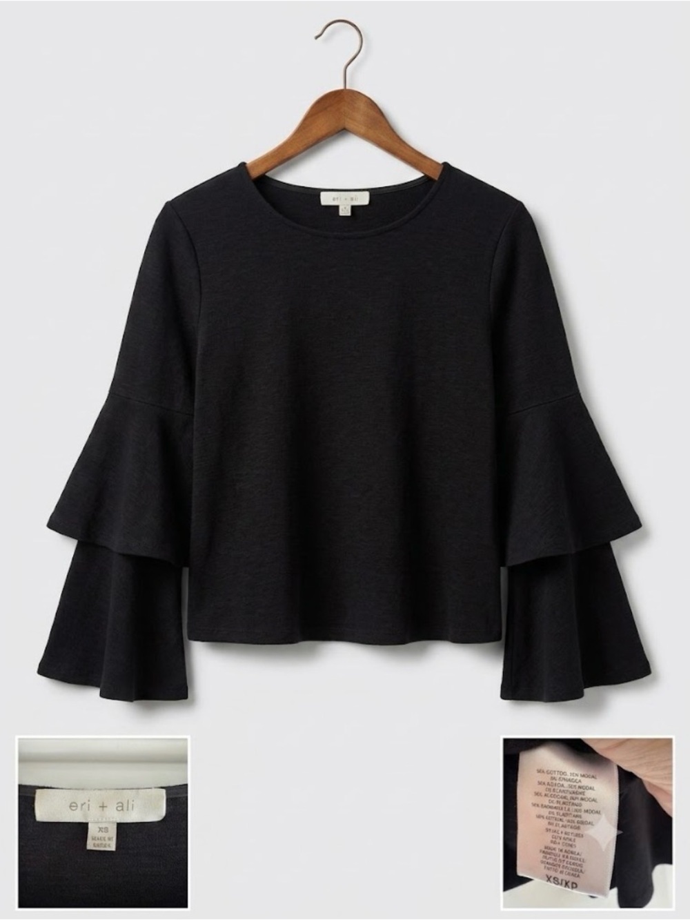 Anthropologie Eri + Ali Black Tiered Bell Sleeve Swing Top XS Great Condition